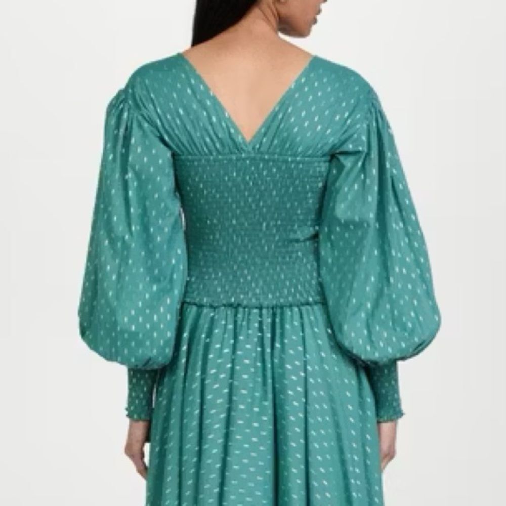 Abacaxi Eva Dress Teal Metallic Cotton Maxi Puff Sleeve Smocked Bodice Sz Large - Picture 9 of 16